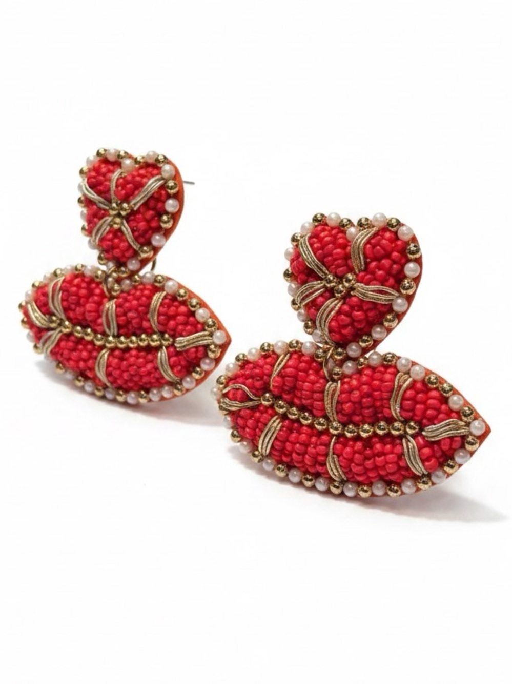 Handcrafted Red Beaded Heart Drop Earrings with Gold Accents